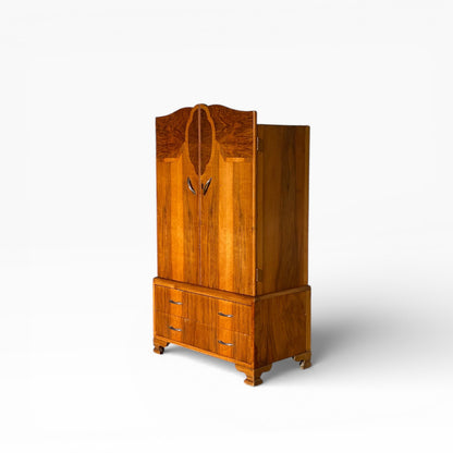 Art Deco Figured Wood Cocktail Cabinet with Fitted Interior, circa 1930s