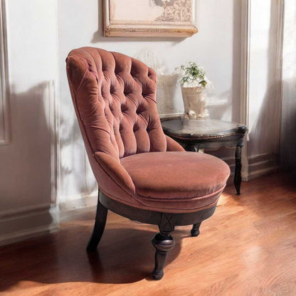 Victorian Style Tufted Slipper Chair – Pink Velvet Upholstery, Carved Wood Base, Antique Accent Chair