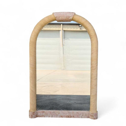 Vintage Arch Mirror, Karl Springer Style – Postmodern Tessellated Stone & Rope Detail, 48" Tall, 1980s Vintage Glam Statement