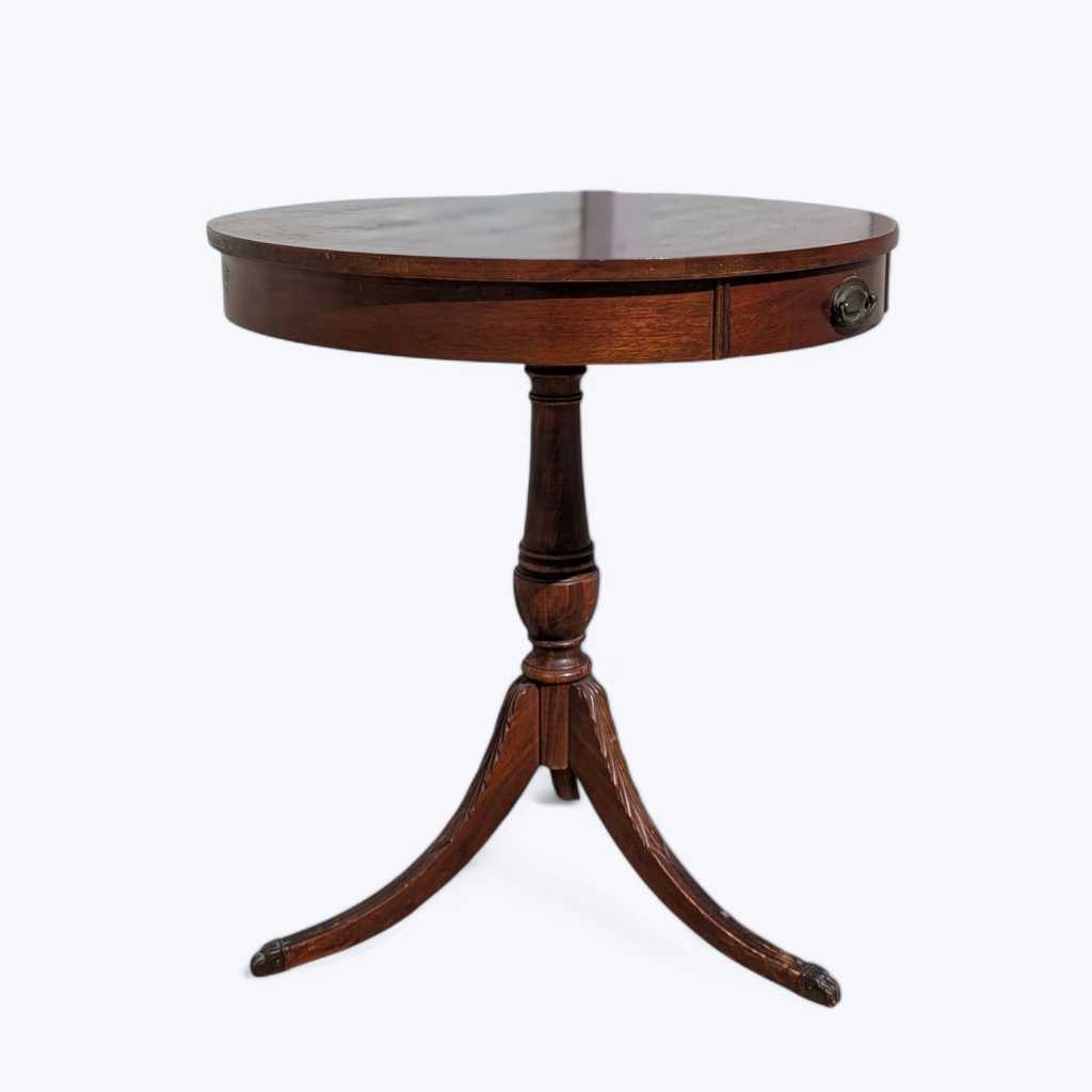 Vintage Mersman Round Wood Pedestal Side Table with Drawer — view 14 of 16