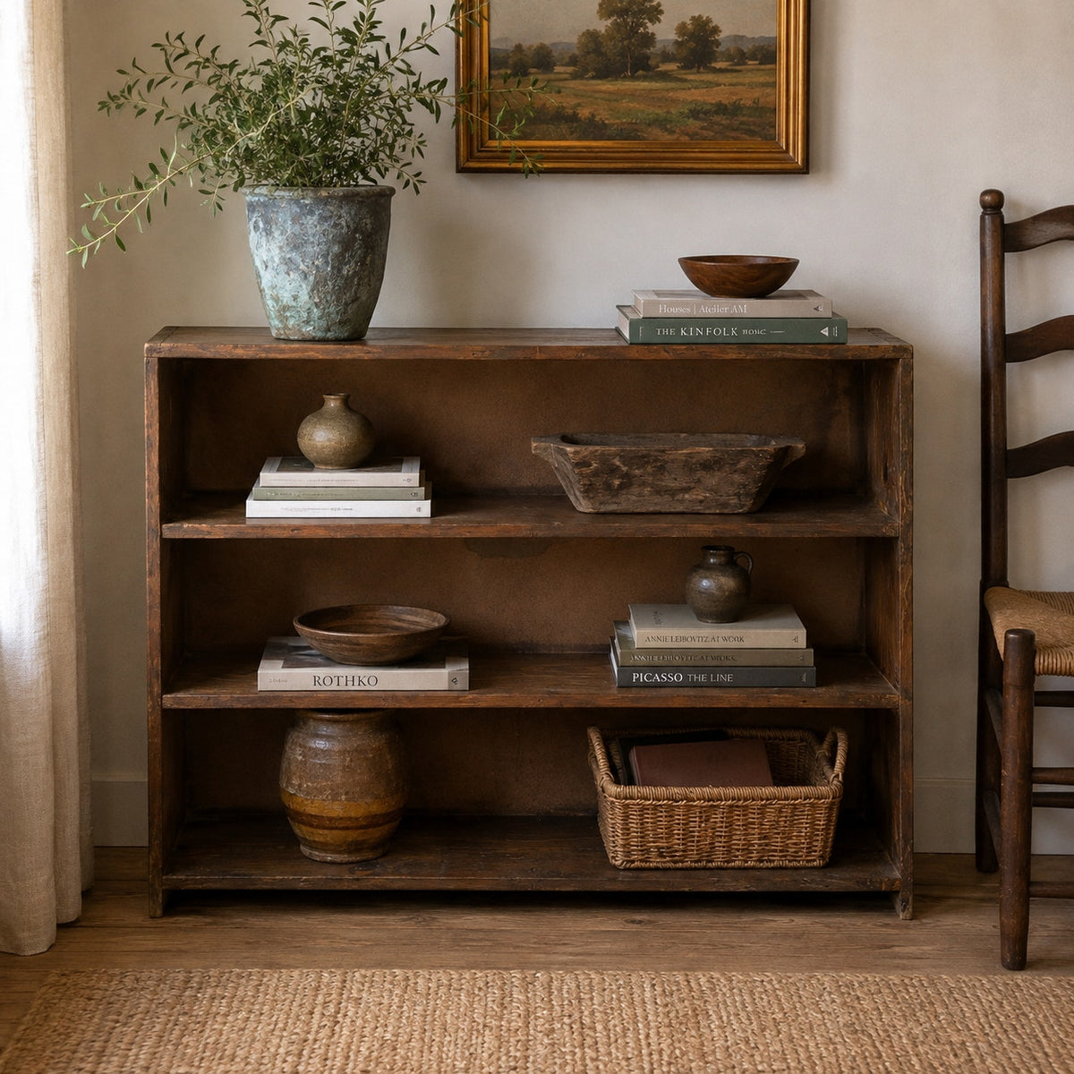 Vintage Primitive Rustic Low Wood Bookcase No. 57B