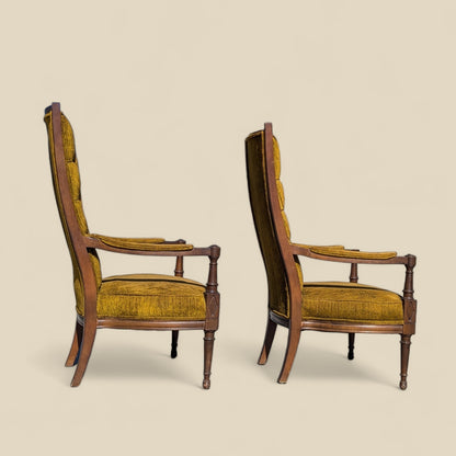 Pair of Vintage High Back Armchairs – Tufted Gold Velvet Regency Chairs, Neoclassical Revival, 1960s Accent Seating