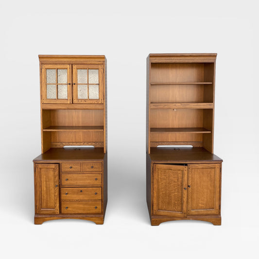 Cottage-Style Oak Hutch Cabinets, Pair