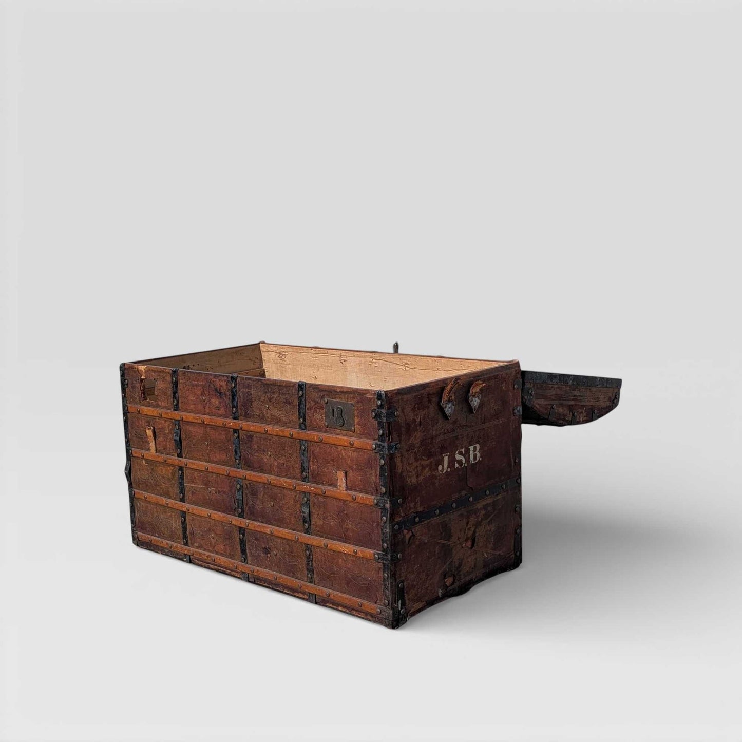 Antique Dome-Top Wooden Trunk with Original Iron Hardware and Patina, Late 19th Century