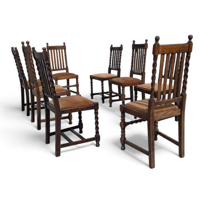 Eight Antique Dining Chairs – Vintage Wooden Chairs, Set of 8, Oak, Barley Twist, Rustic, Farmhouse, Traditional, Dining, Kitchen