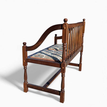 Vintage Spindle Back Wood Settee – Floral Upholstered Bench with Curved Arms, Entryway or Hall Seating