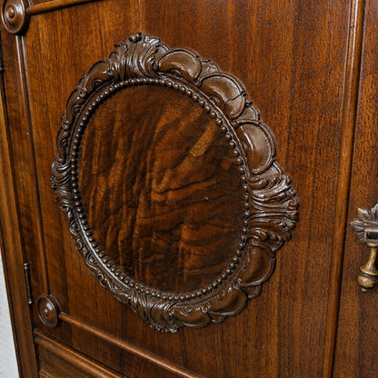 Antique Jacobean Revival Figured Wood Sideboard with Carved Medallions