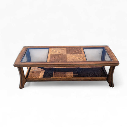 Vintage Oak Coffee Table Smoked Glass Insets