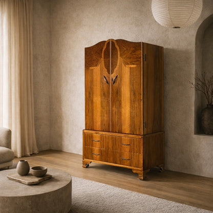 Art Deco Figured Wood Cocktail Cabinet with Fitted Interior, circa 1930s