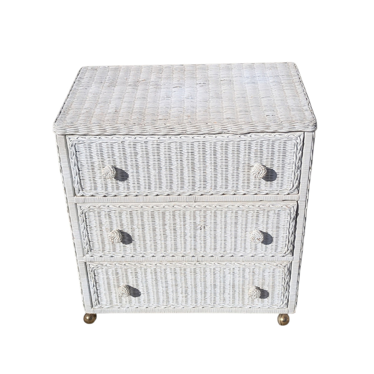 Vintage White Woven Wicker Three-Drawer Chest on Casters