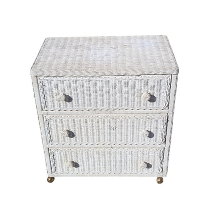 Vintage White Woven Wicker Three-Drawer Chest on Casters