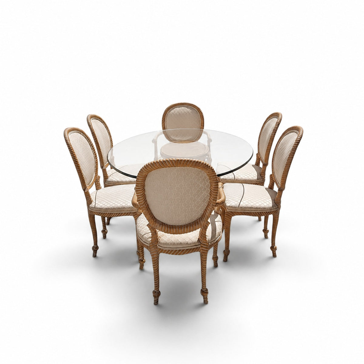 Vintage Carved Wood Oval Glass Dining Set with Six Upholstered Chairs