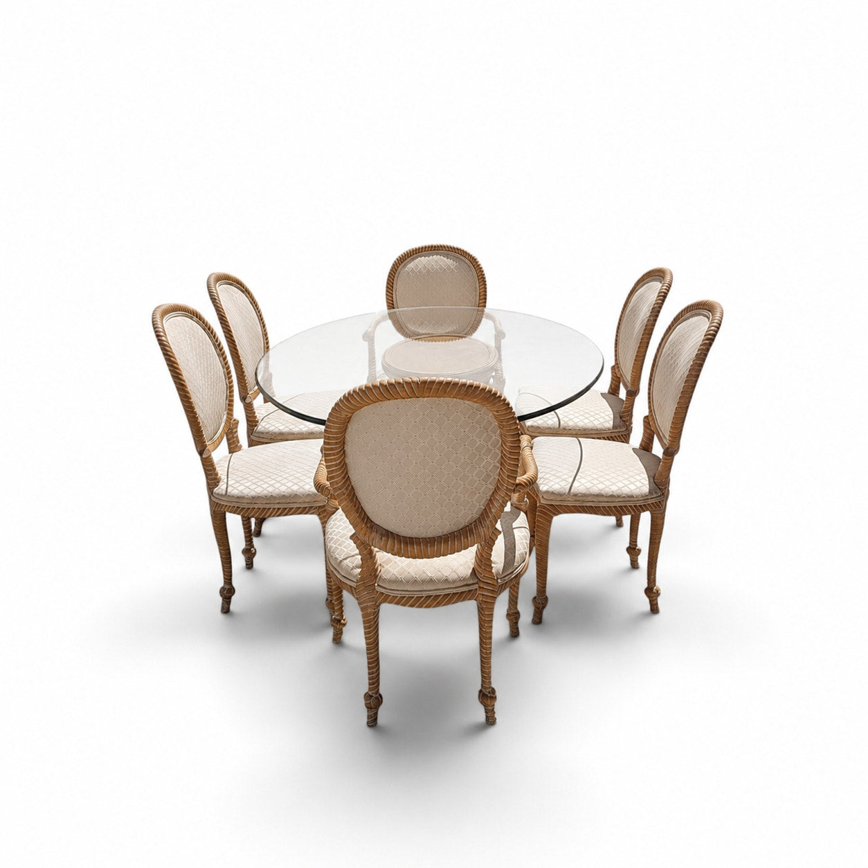 Vintage Carved Wood Oval Glass Dining Set with Six Upholstered Chairs — view 2 of 16