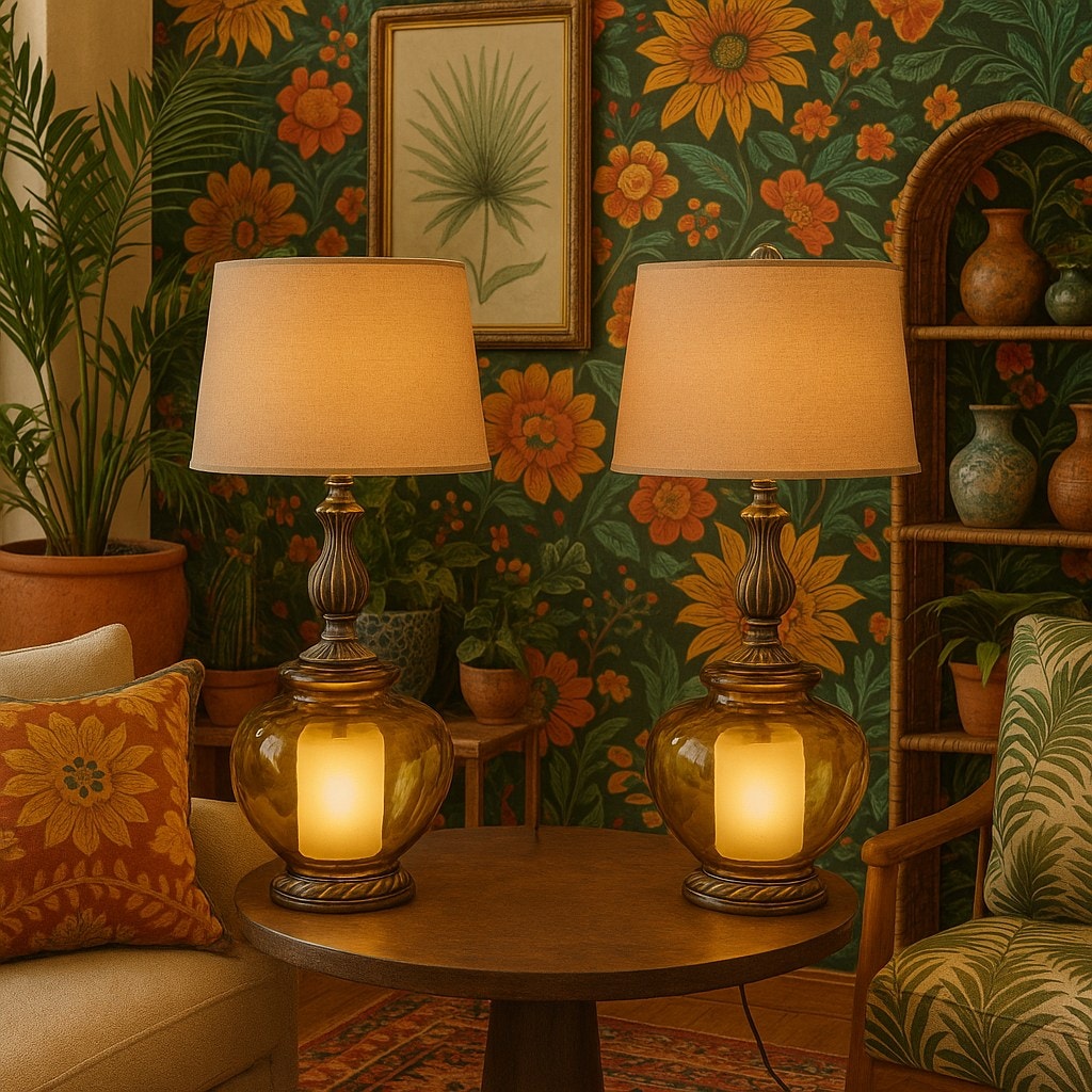 Pair of Vintage Amber Glass Table Lamps with Brass Accents | Hollywood Regency Mid-Century Lighting