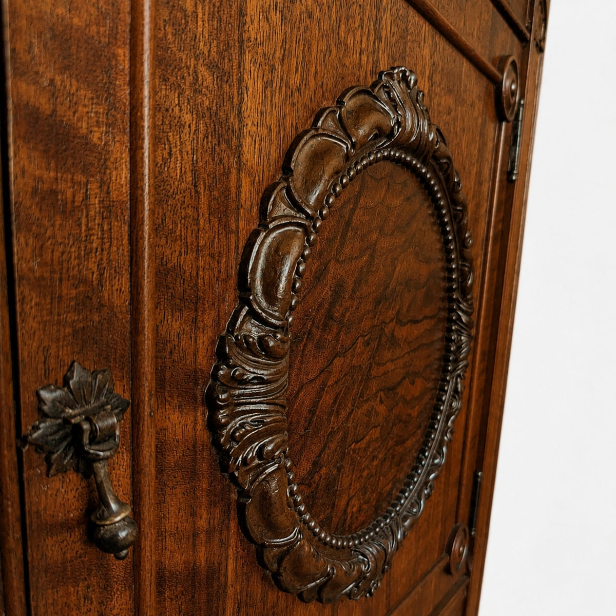Antique Jacobean Revival Figured Wood Sideboard with Carved Medallions