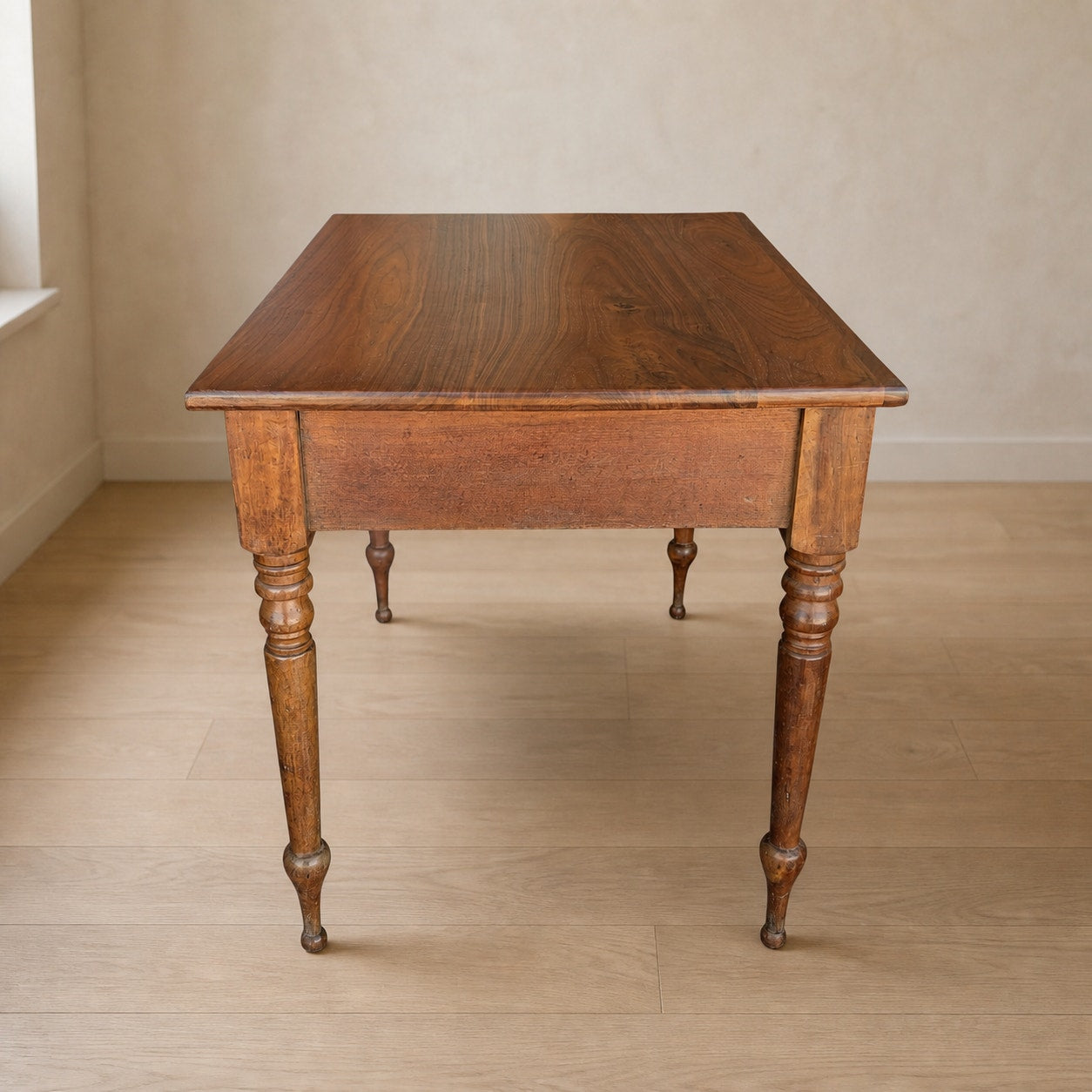Antique Walnut Three-Drawer Writing Desk with Turned Legs