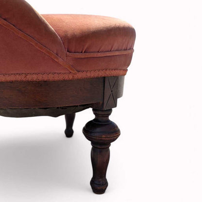 Victorian Style Tufted Slipper Chair – Pink Velvet Upholstery, Carved Wood Base, Antique Accent Chair