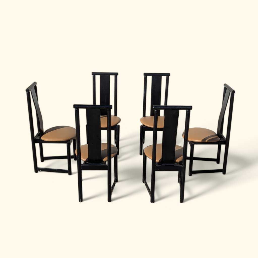 Set of Six BiF Postmodern Black Lacquer Dining Chairs, 1980s — view 15 of 16