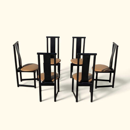 Set of Six BiF Postmodern Black Lacquer Dining Chairs, 1980s