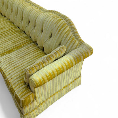 Vintage 96” Tufted Striped Sofa – Mid Century Curved Back Couch, Cleaned + New Foam Included, Unique Hollywood Regency Style
