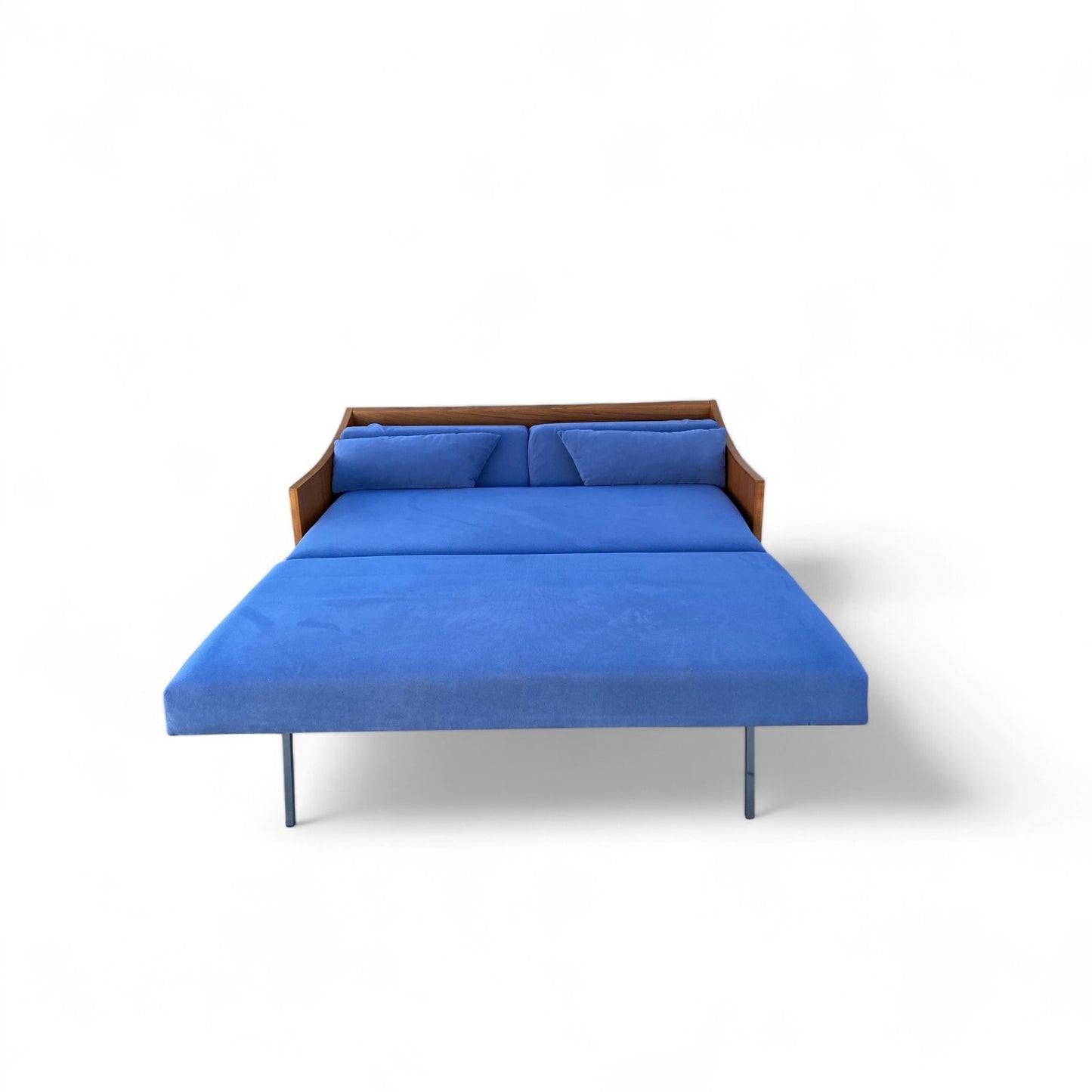 Mid-Century Canadian Teak Pull-Out Sofa Bed in Blue Upholstery, 1970s Modern Convertible Sleeper