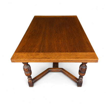 Vintage Walnut Jacobean Revival Refectory Dining Table with Carved Base
