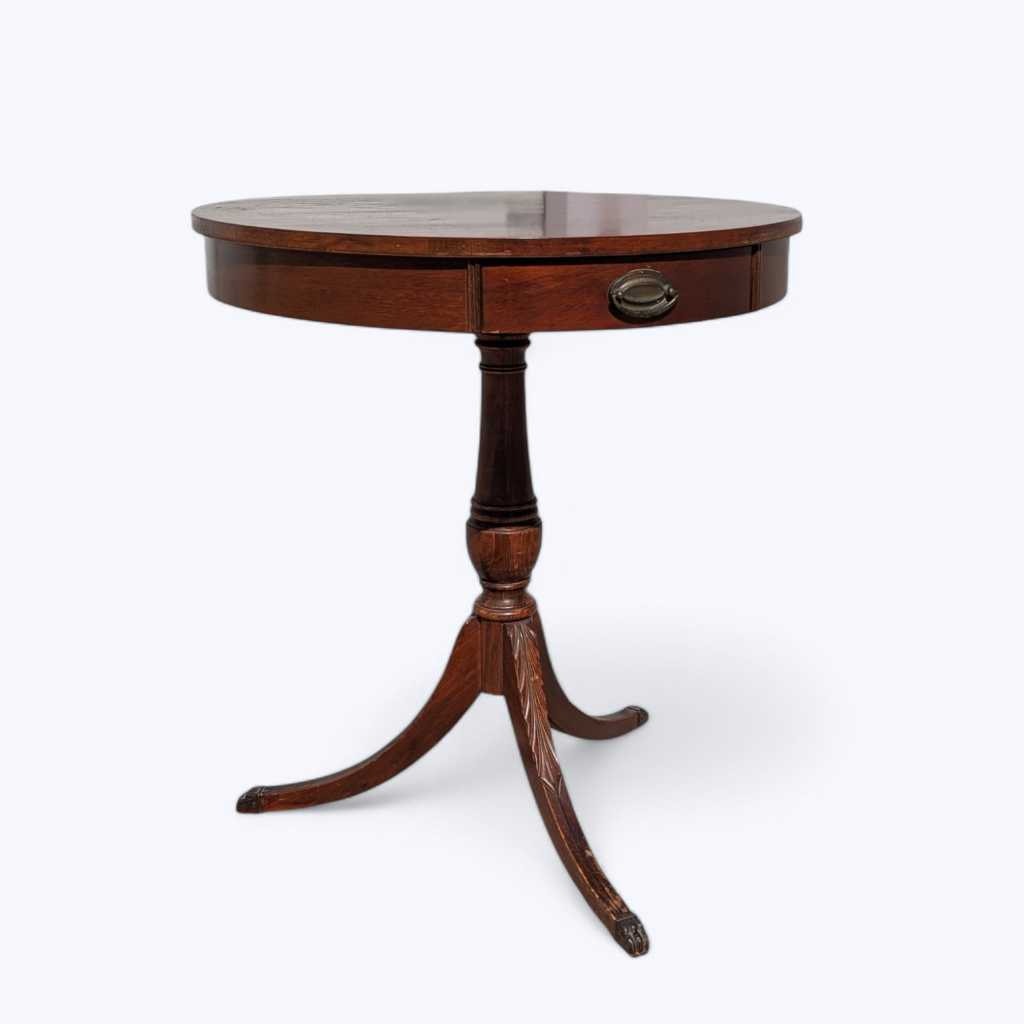 Vintage Mersman Round Wood Pedestal Side Table with Drawer — view 6 of 16