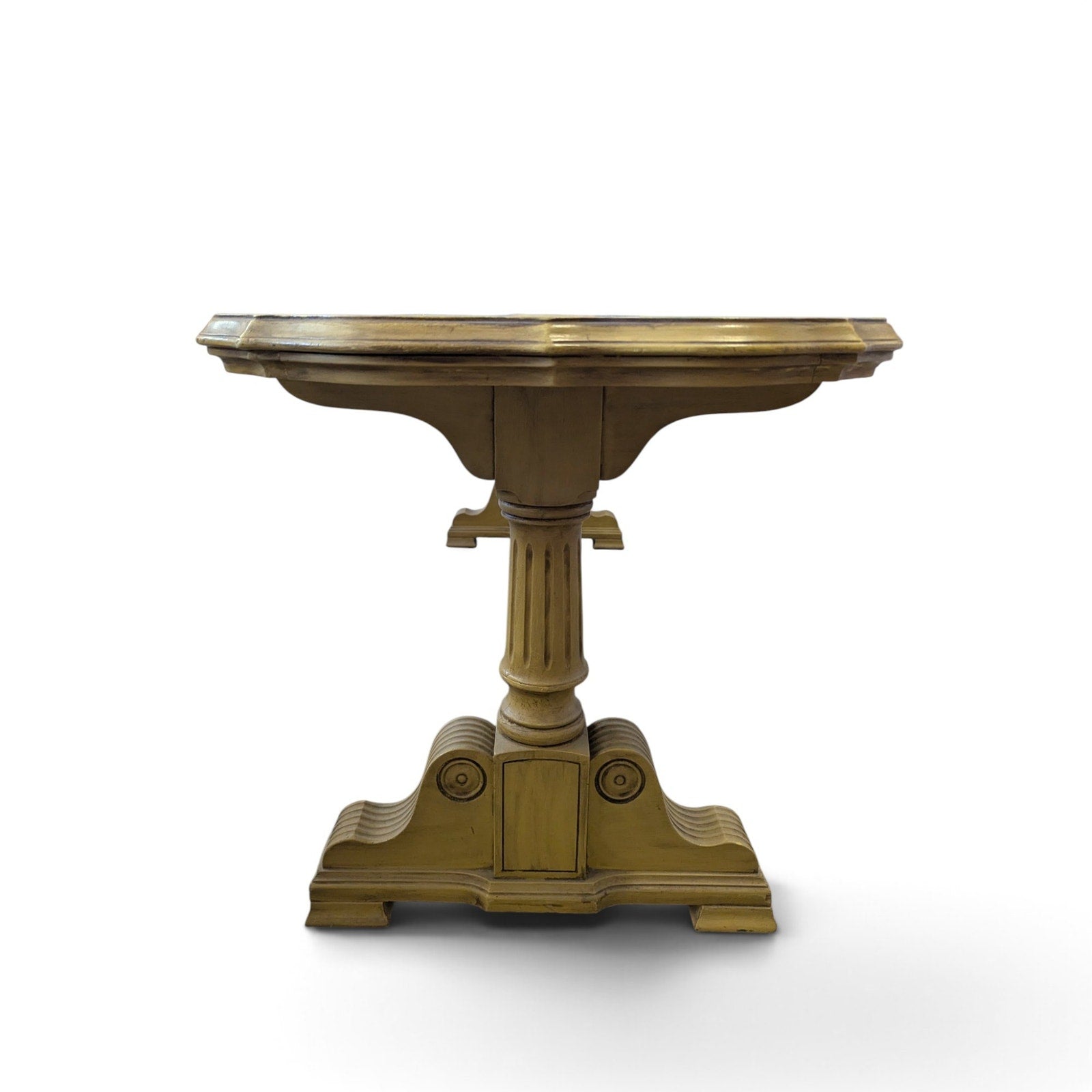 Vintage Butter Yellow Painted Trestle Sofa Table with Scalloped Top — view 14 of 16