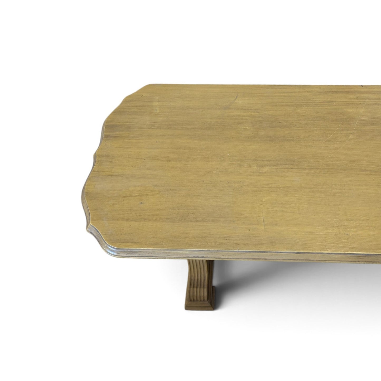 Vintage Butter Yellow Painted Trestle Sofa Table with Scalloped Top