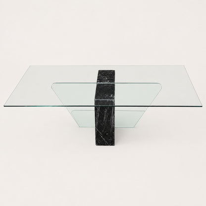 Unique Coffee Table, Marble Base, Geometric, Unique, Rectangular Glass Top, Postmodern, Mid Century
