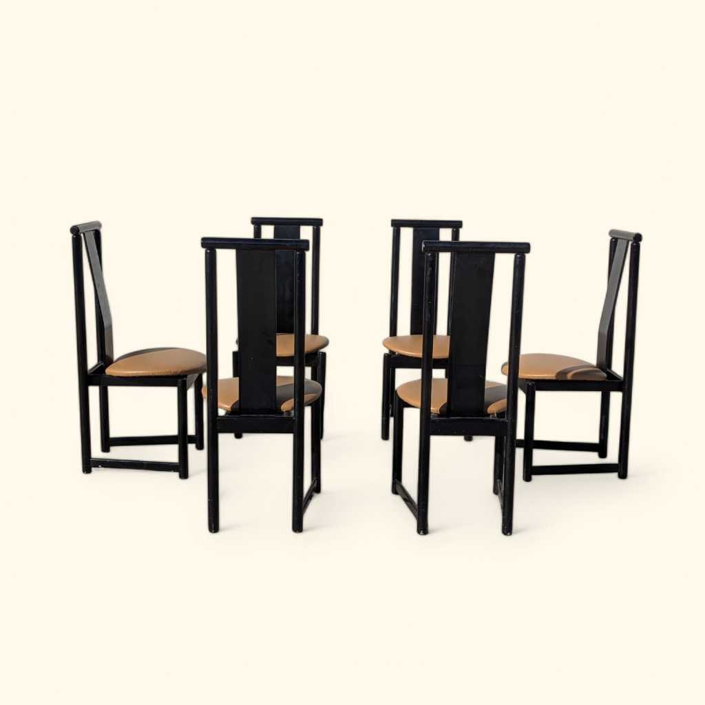 Set of Six BiF Postmodern Black Lacquer Dining Chairs, 1980s — view 9 of 16