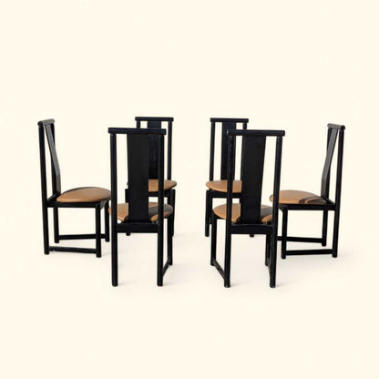 Set of Six BiF Postmodern Black Lacquer Dining Chairs, 1980s
