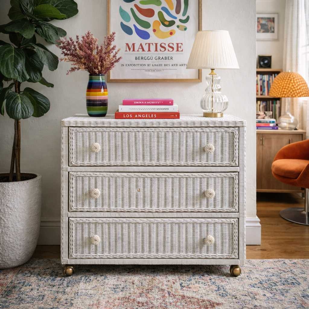 Vintage White Woven Wicker Three-Drawer Chest on Casters — view 12 of 16