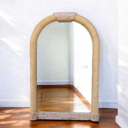 Vintage Arch Mirror, Karl Springer Style – Postmodern Tessellated Stone & Rope Detail, 48" Tall, 1980s Vintage Glam Statement