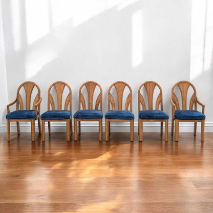 Set of 6 Postmodern Dining Chairs – Oak Frame, Blue Velvet Polka Dot Seats, 1980s