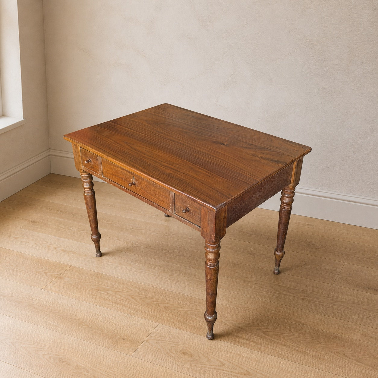 Antique Walnut Three-Drawer Writing Desk with Turned Legs