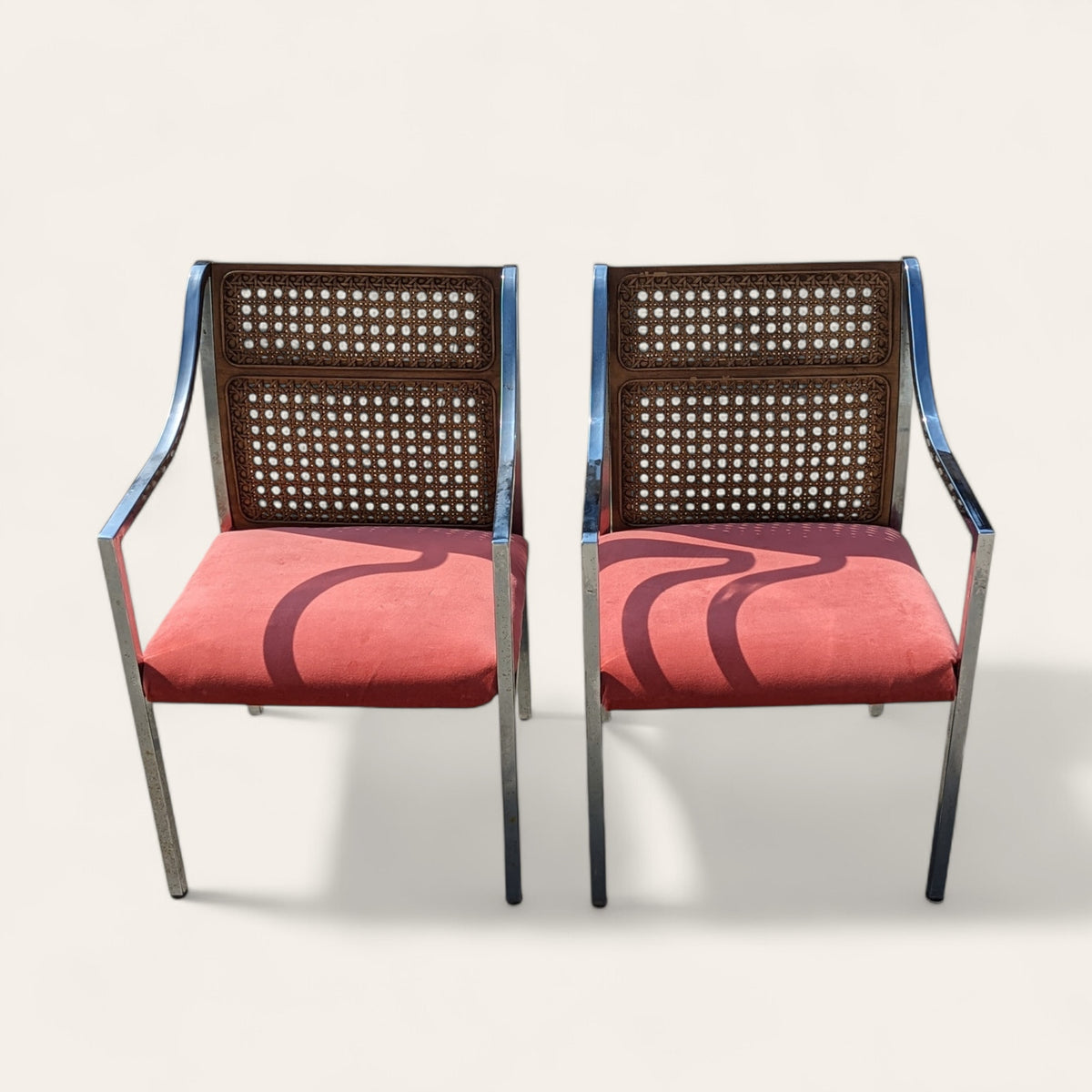 Pair of Mid-Century Chrome and Cane-Back Armchairs in Pink Velvet