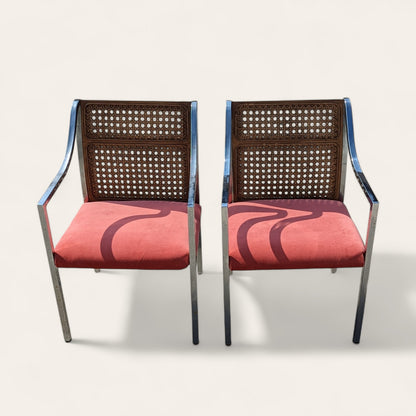 Pair of Mid-Century Chrome and Cane-Back Armchairs in Pink Velvet
