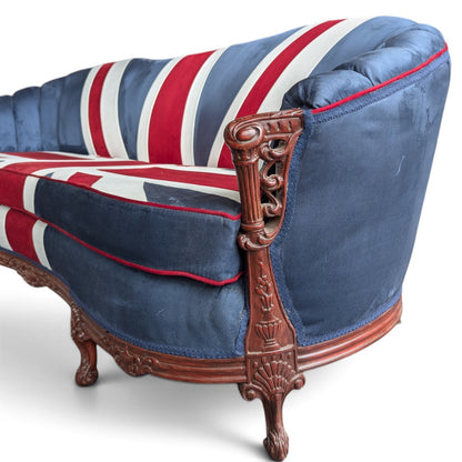 Vintage Union Jack Upholstered Sofa with Ornate Carved Wood Frame