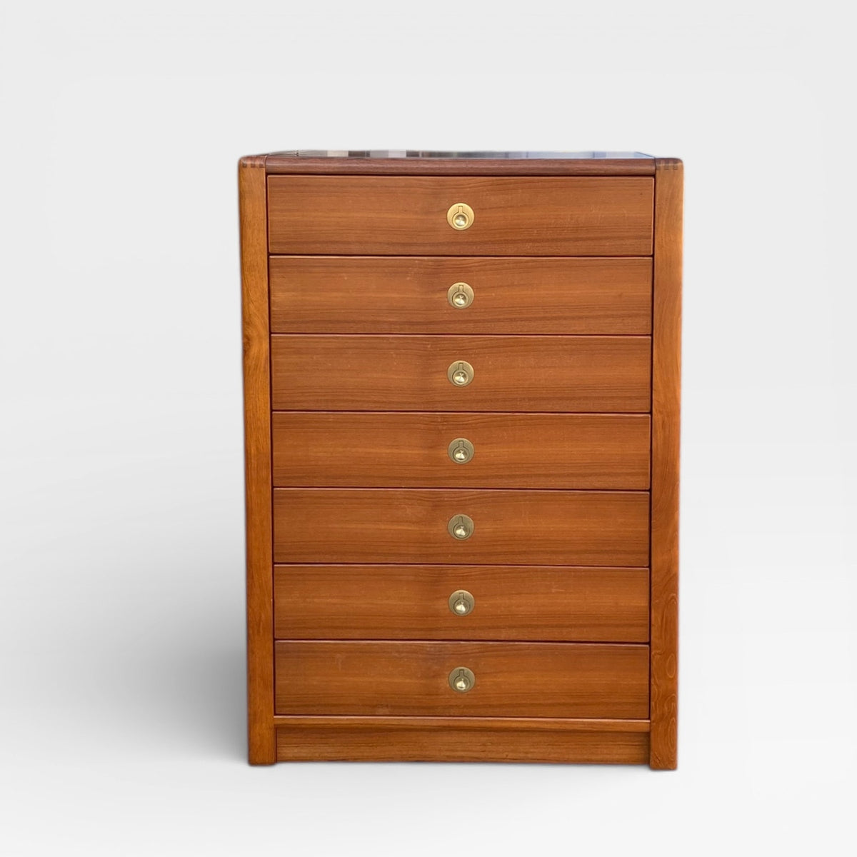 Mid-Century Modern D-Scan Captain Line Tallboy Dresser in Teak with Brass Pulls