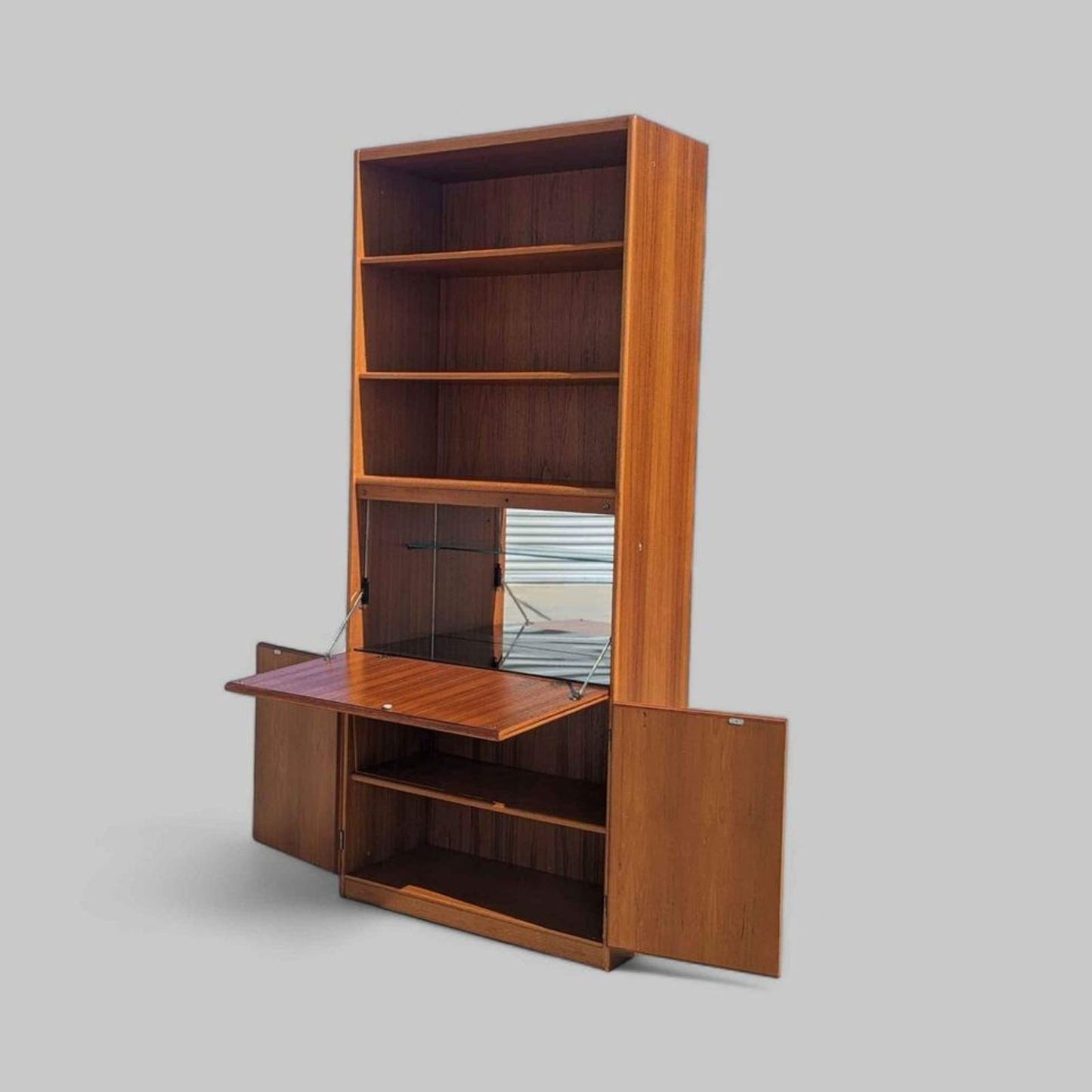 teak bar cabinet bookcase, upright wall shelving unit, dry bar, mid century, vintage