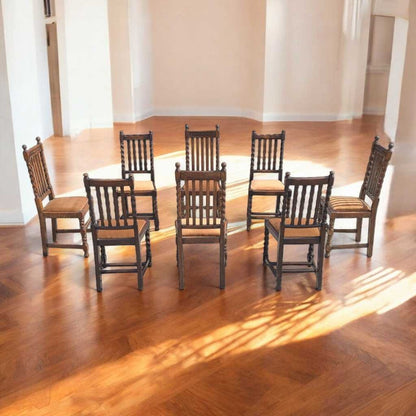 Eight Antique Dining Chairs – Vintage Wooden Chairs, Set of 8, Oak, Barley Twist, Rustic, Farmhouse, Traditional, Dining, Kitchen