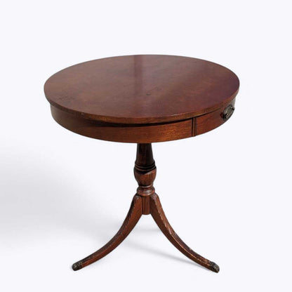 Vintage Mersman Round Wood Pedestal Side Table with Drawer