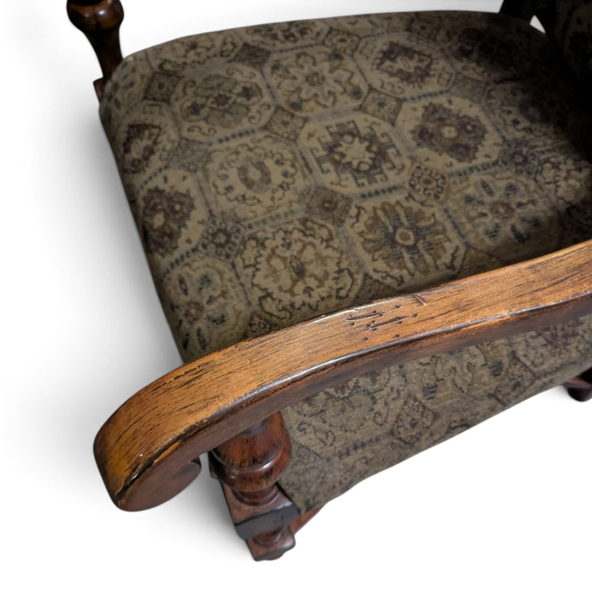 Louis XIII-Style High-Back Wood Armchair with Tapestry Upholstery — view 7 of 13