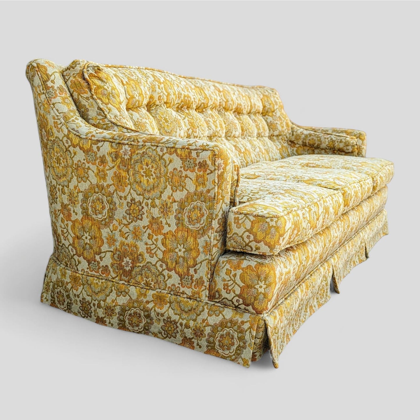 Vintage Hollywood Regency Floral Brocade Tufted Sofa, Yellow, Maximalist, MCM, Retro, Fun, Living Room