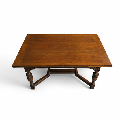 Vintage Walnut Jacobean Revival Refectory Dining Table with Carved Base