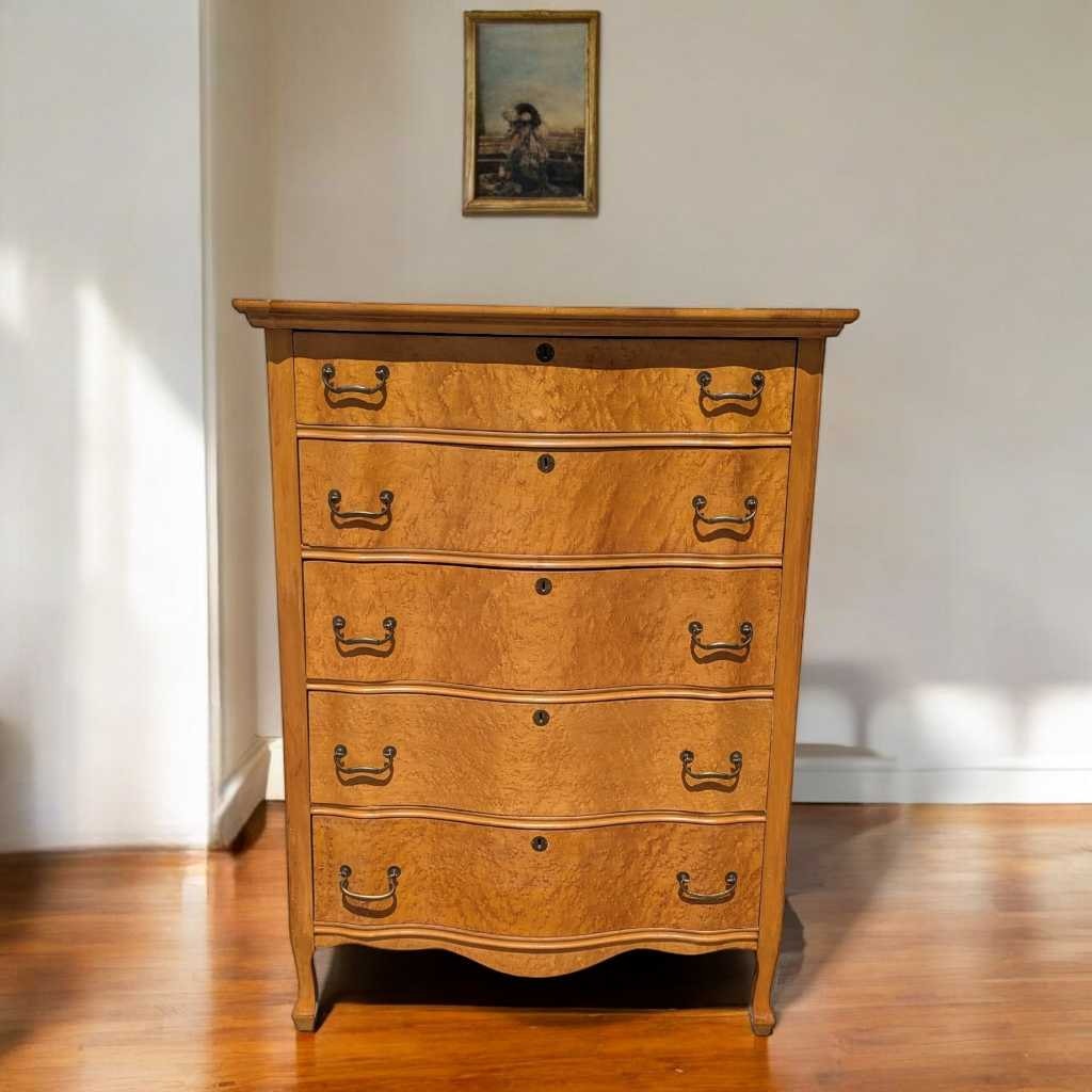 Antique Birds Eye Maple Dresser – Vintage Wooden Dresser, Elegant Storage Furniture, Classic Bedroom Piece