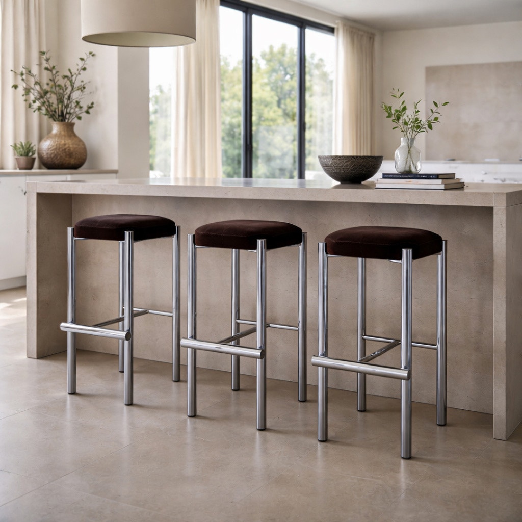 Chrome Bar Stools Set of 3 with Chocolate Velvet Seats