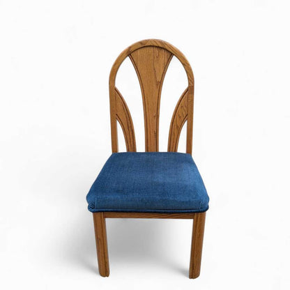Set of 6 Postmodern Dining Chairs – Oak Frame, Blue Velvet Polka Dot Seats, 1980s