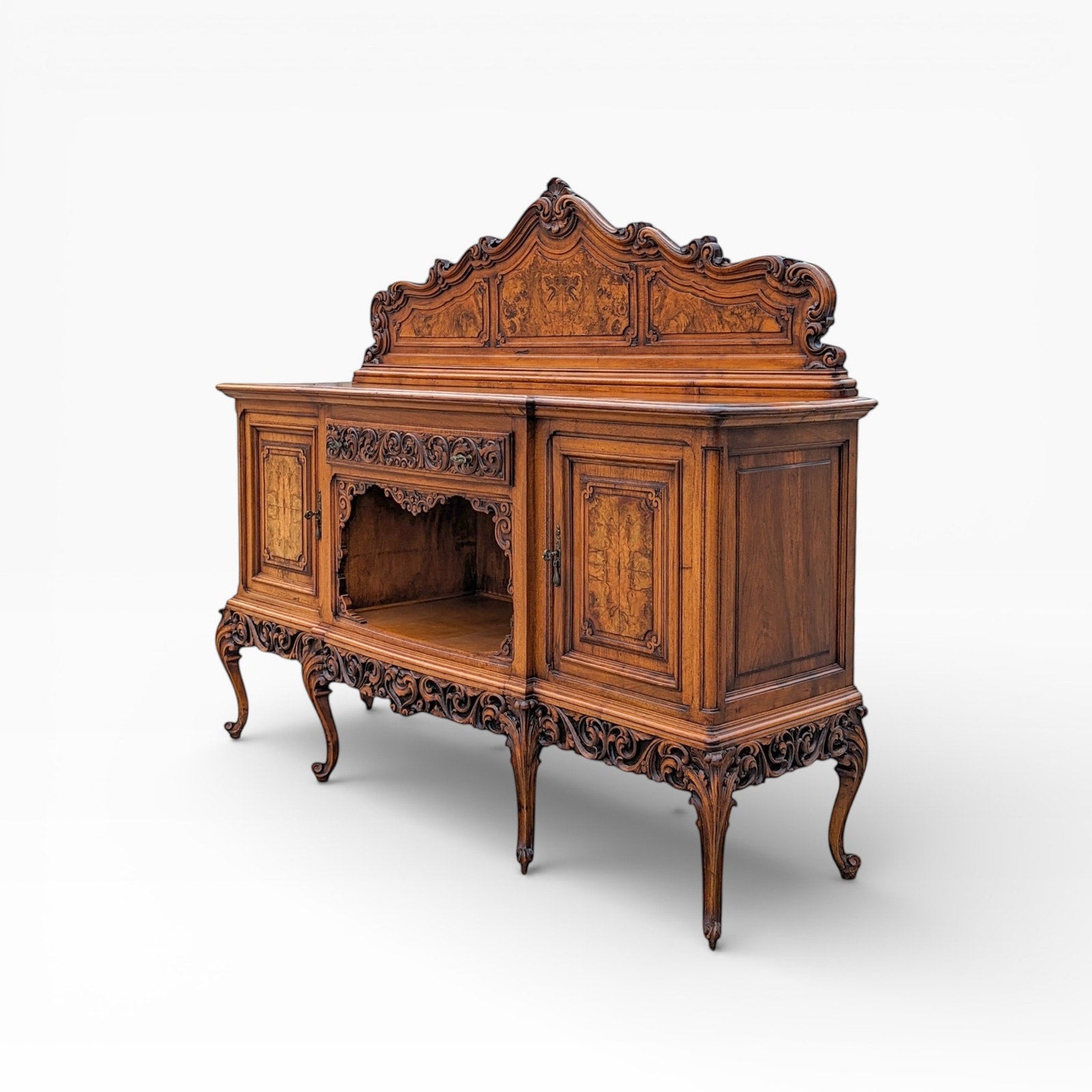 Continental Walnut Carved Sideboard Cabinet with Sculptural Apron — view 3 of 16